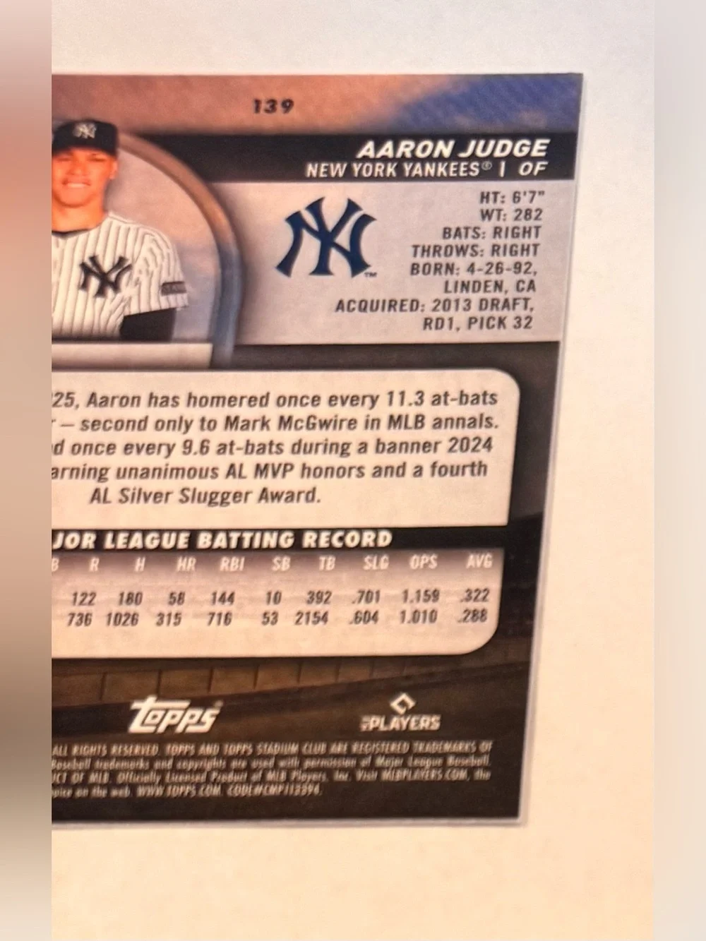 2025 Topps Stadium Club # 139 Aaron Judge Baseball Card - NY- Yankees / Outfield